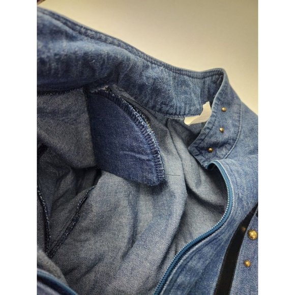 Denim Jacket Vtg Womens Sz S Faux Leather & Animal Print Applique Studs Zip Up - Picture 7 of 9
